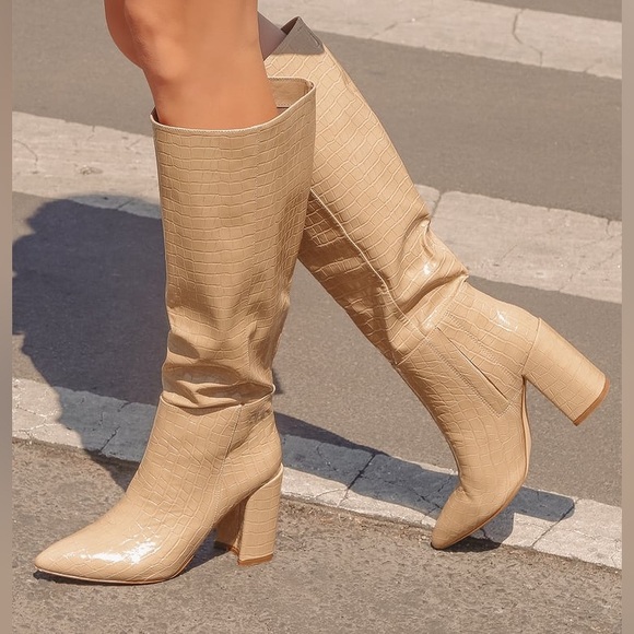 Lulu’s KATARI Nude Croc Pointed-Toe Knee High Boots NWOB - Picture 1 of 10